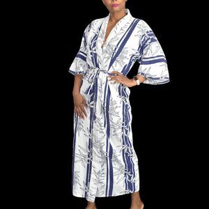 Japanese Kimono Robe Blue Vintage Bamboo Stripe Print Epitome Wrap Cotton Yukata